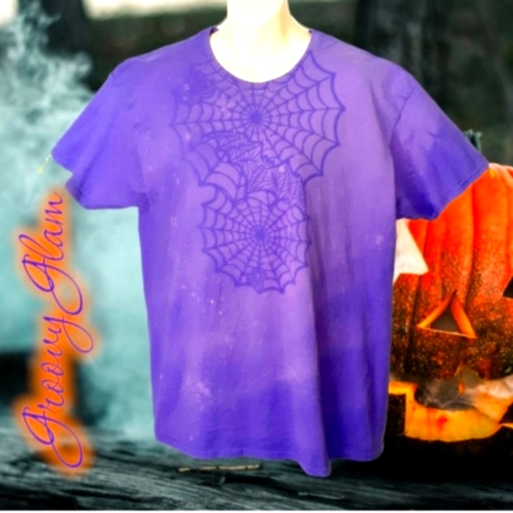 GROOVY GLAM Purple Handmade  Halloween Spiderweb Bleached Art Unisex Tee Shirt